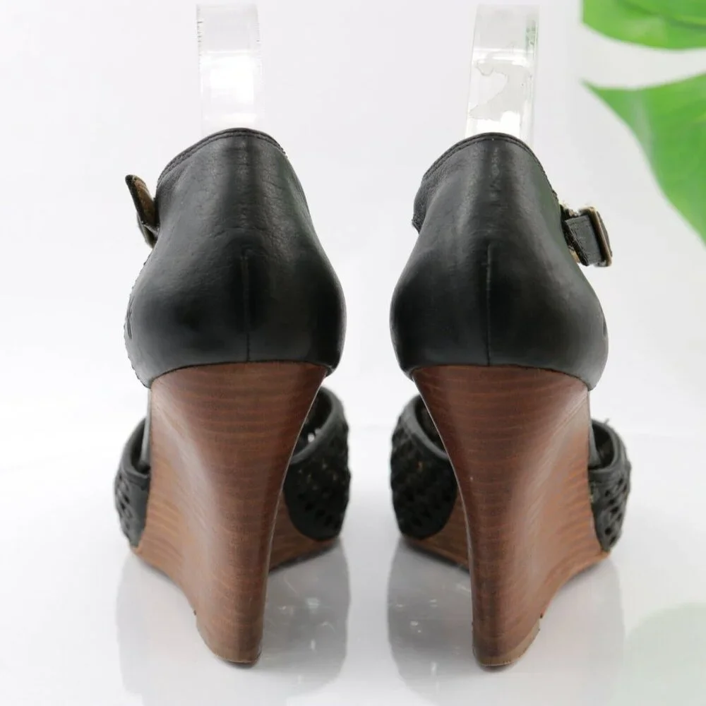 Frye Womens Gwen Sandal Size 9.5 Black Leather Woven T-Strap Wedge Heel Peep Toe - Picture 6 of 12